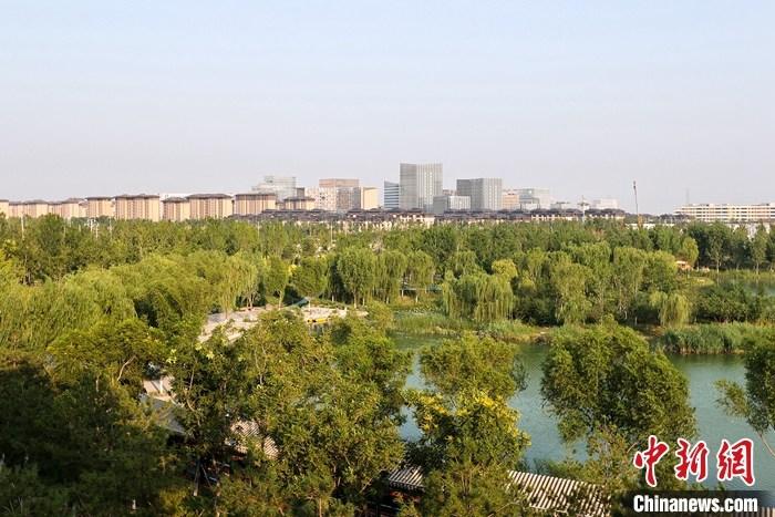 從完成頂層設(shè)計(jì)到如火如荼大規(guī)模建設(shè)，六年來(lái)，雄安新區(qū)如春天的竹子一般拔節(jié)生長(zhǎng)，這座承載千年大計(jì)的“未來(lái)之城”已雄姿初顯。從“一張白紙”開(kāi)始著墨，如今的雄安新區(qū)已是濃墨重彩的“山水畫(huà)”。<a target='_blank' href='/'>中新社</a>記者近日走訪了雄安新區(qū)多地，從“藍(lán)綠金”三色感受這座“未來(lái)之城”的巨大變化。圖為7月18日拍攝的河北雄安新區(qū)金湖公園。 <a target='_blank' href='/'>中新社</a>記者 易海菲 攝