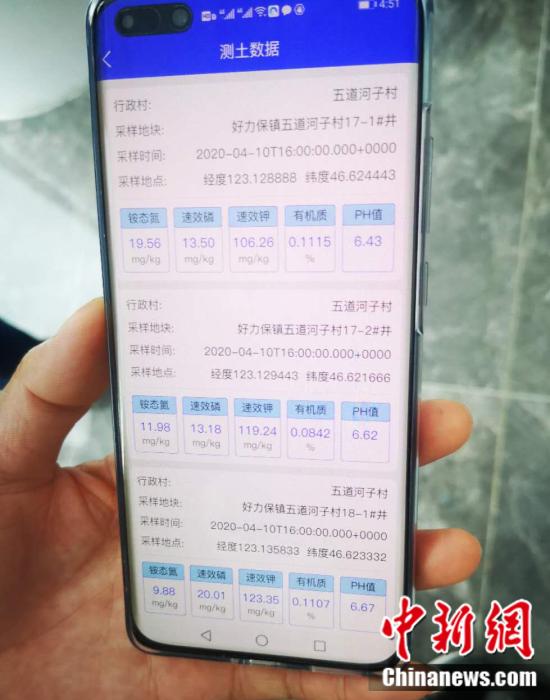 圖為測(cè)出來(lái)的土壤成分含量,通過(guò)手機(jī)就能實(shí)時(shí)查看。 郎朗 攝 點(diǎn)擊進(jìn)入下一頁(yè)